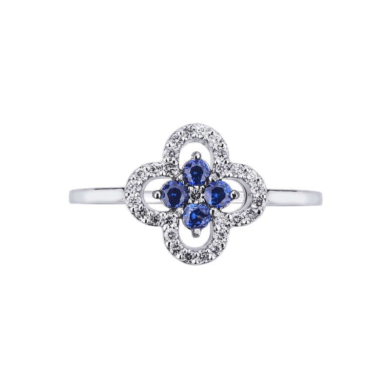 White gold 18k ring with diamonds and central blue sapphires 