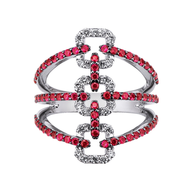 18k white gold band ring with diamonds and rubies on the shank