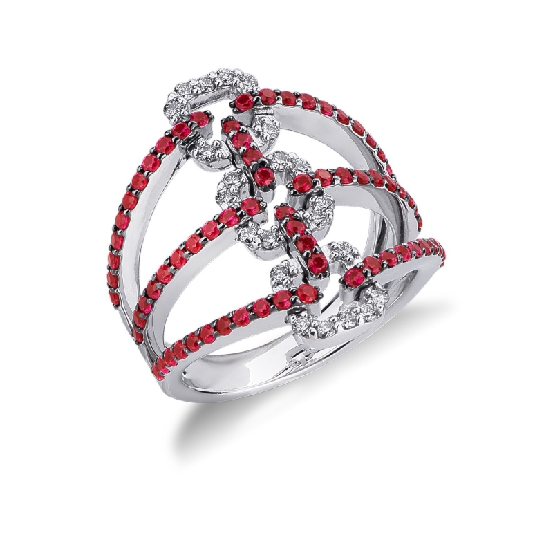 18k white gold band ring with diamonds and rubies on the shank