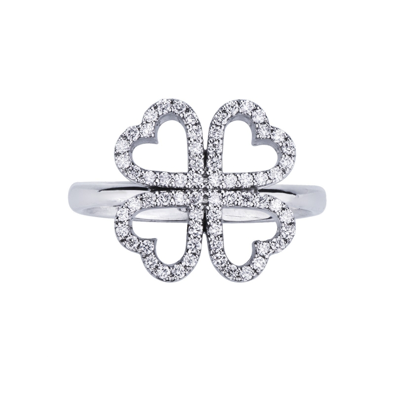 White gold 18k ring with diamonds four-leaf clovers 