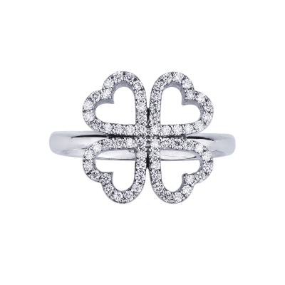 White gold 18k ring with diamonds four-leaf clovers 