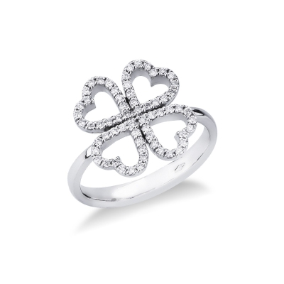 White gold 18k ring with diamonds four-leaf clovers 