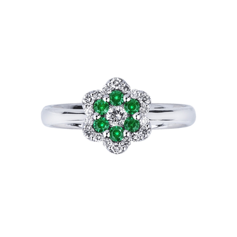 White gold 18k ring with diamonds and emeralds flower 
