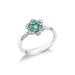 White gold 18k ring with diamonds and emeralds flower 