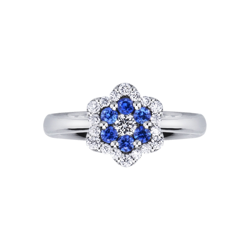 White gold 18k flower ring with blue sapphires and diamonds 
