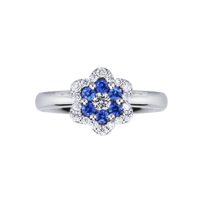 White gold 18k flower ring with blue sapphires and diamonds 