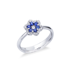 White gold 18k flower ring with blue sapphires and diamonds 
