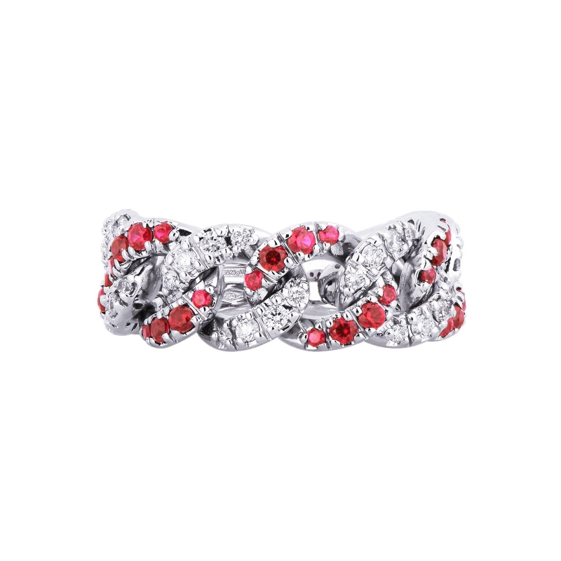 18k white gold groumette ring with rubies and diamonds 