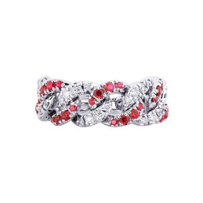 18k white gold groumette ring with rubies and diamonds 
