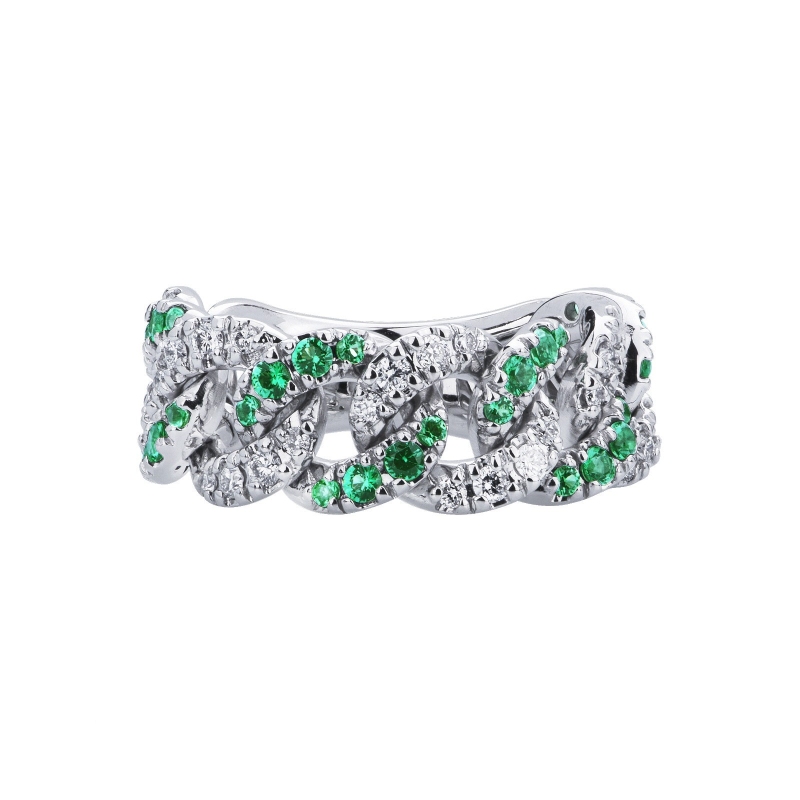 White gold 18k groumette ring with diamonds and emeralds 
