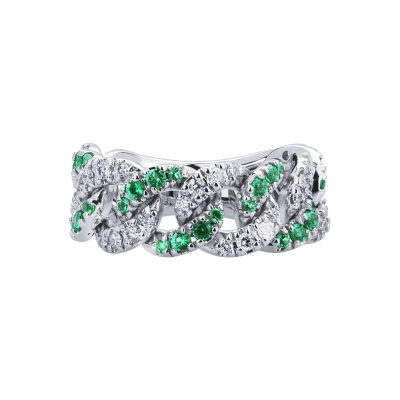 White gold 18k groumette ring with diamonds and emeralds 