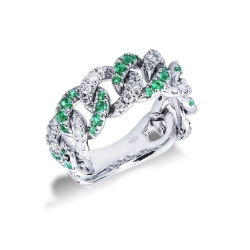 White gold 18k groumette ring with diamonds and emeralds 