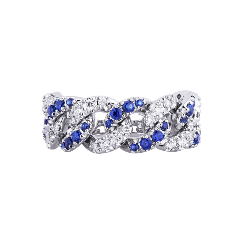 18k white gold groumette ring with blue sapphires and diamonds 