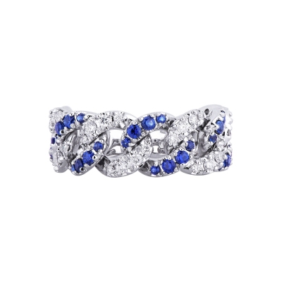 18k white gold groumette ring with blue sapphires and diamonds 