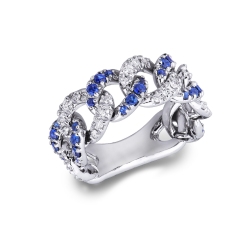 18k white gold groumette ring with blue sapphires and diamonds 