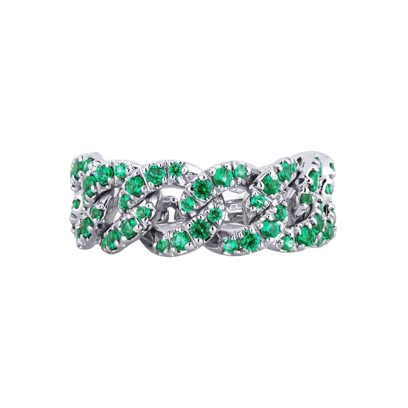 18k white gold ring with eight groumette link with emeralds