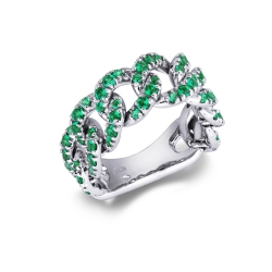 18k white gold ring with eight groumette link with emeralds