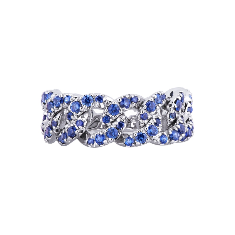 White gold 18k ring with eight groumette links with blue sapphires 