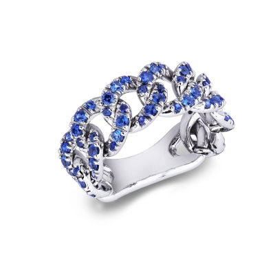 White gold 18k ring with eight groumette links with blue sapphires 