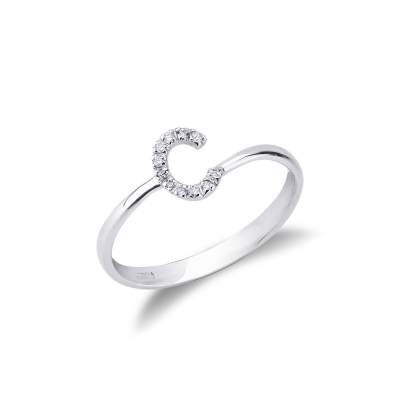 18k white gold letter C ring with diamonds 
