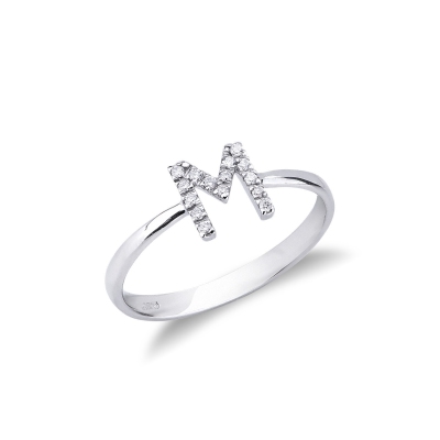 18k white gold letter M ring with diamonds 