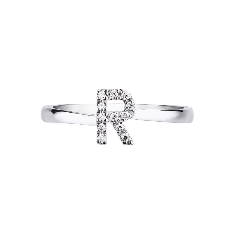 18k white gold diamonds letter R ring 