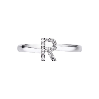 18k white gold diamonds letter R ring 
