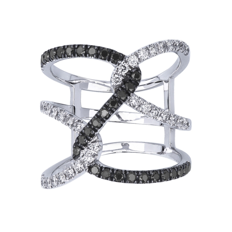 White gold 18k criss cross ring with white and black diamonds 