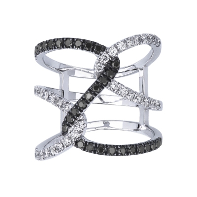 White gold 18k criss cross ring with white and black diamonds 