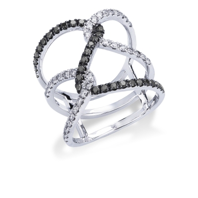 White gold 18k criss cross ring with white and black diamonds 