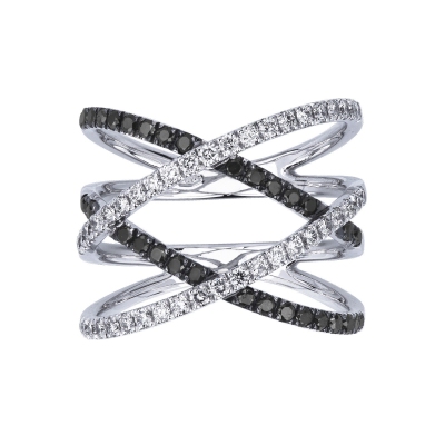 Criss cross with white and black diamonds in white gold 18k