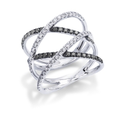 Criss cross with white and black diamonds in white gold 18k