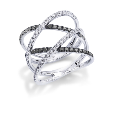 Criss cross with white and black diamonds in white gold 18k