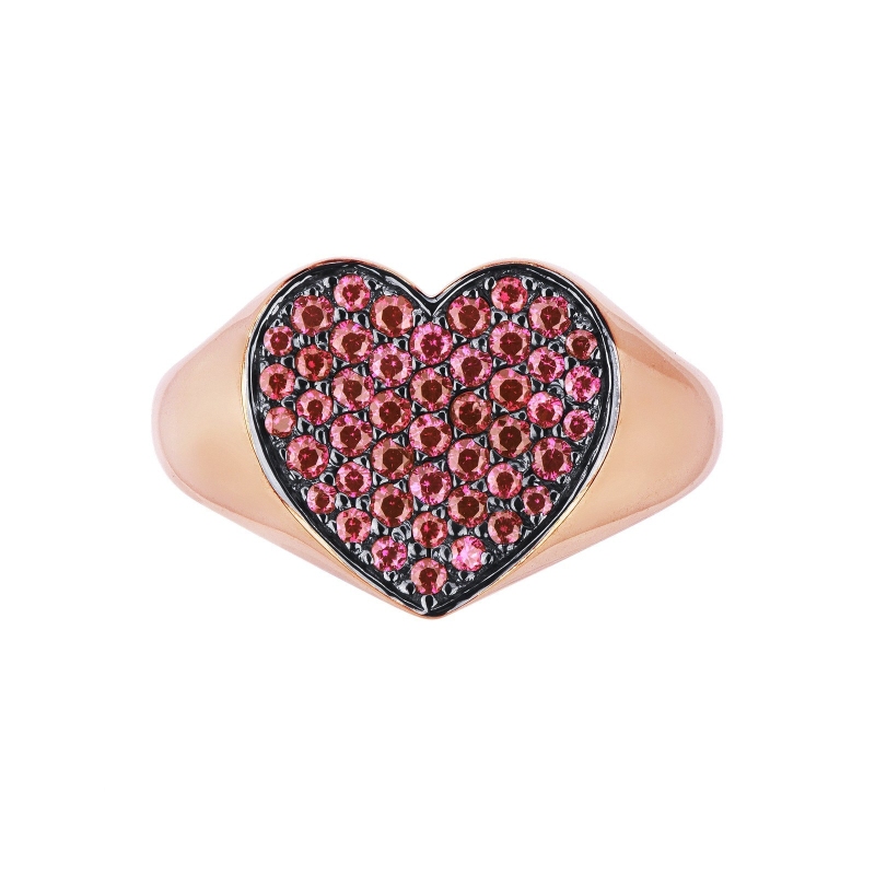 Rosé gold 18k ring with rubies pavé heart shaped 