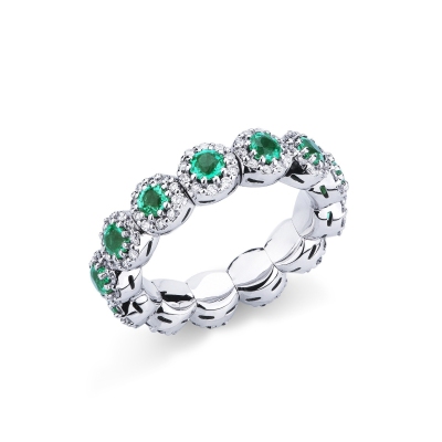Elastic ring white gold 18k with emeralds and diamonds 