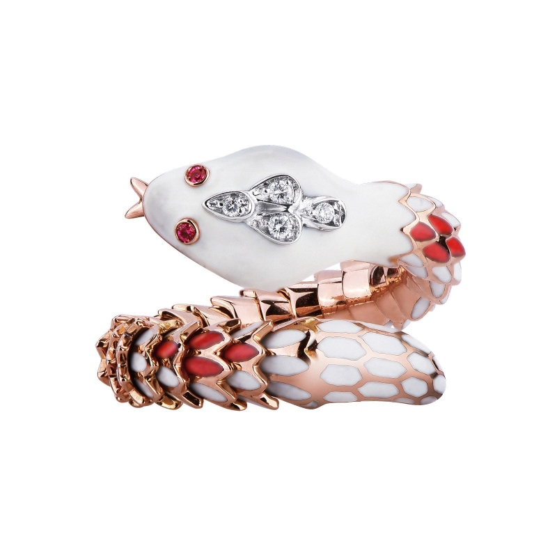18k rosé gold snake ring with rubies and diamonds 
