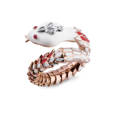 18k rosé gold snake ring with rubies and diamonds 