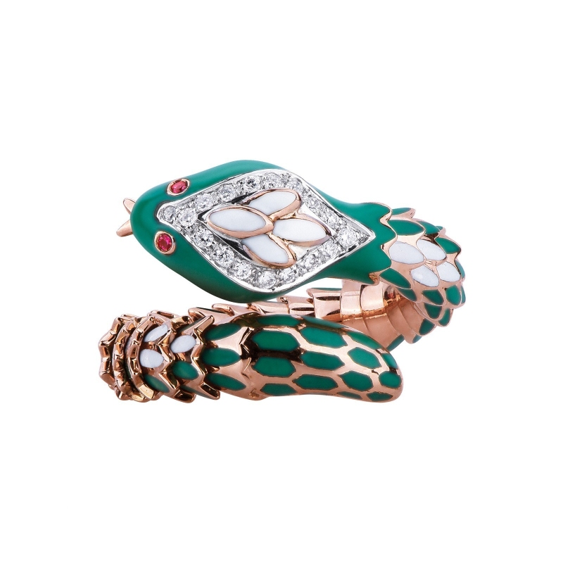 18k rosé gold snake ring with diamonds and rubies 