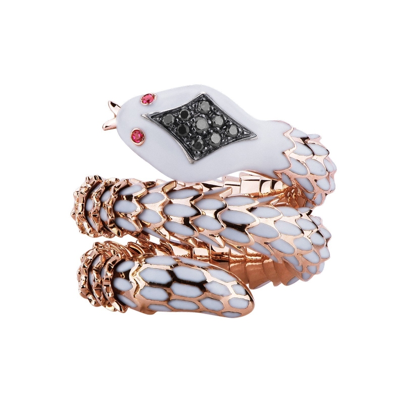 18K rosé gold snake ring with black diamonds and rubies