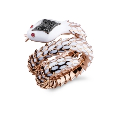 18K rosé gold snake ring with black diamonds and rubies
