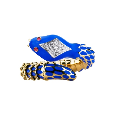 18k yellow gold snake ring with diamonds and rubies eyes