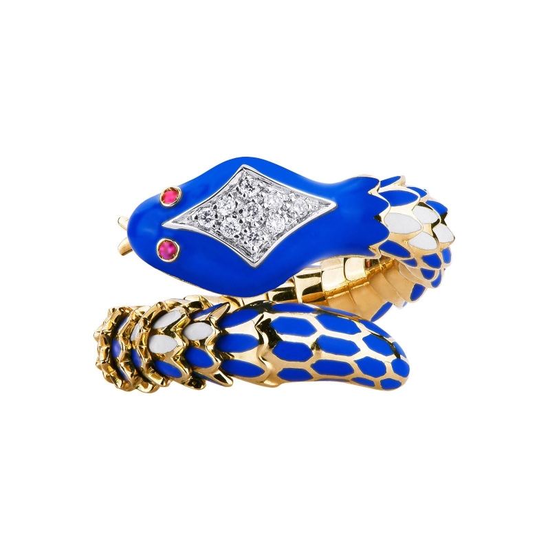 18k yellow gold snake ring with diamonds and rubies