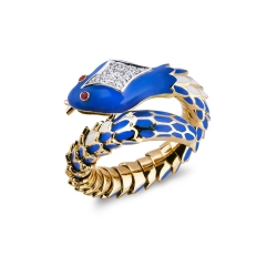 18k yellow gold snake ring with diamonds and rubies