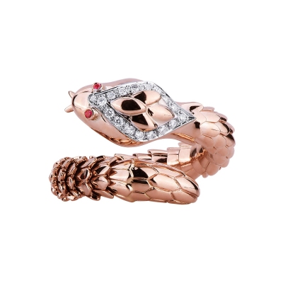 Rosé gold 18k snake ring with rubies and diamonds 