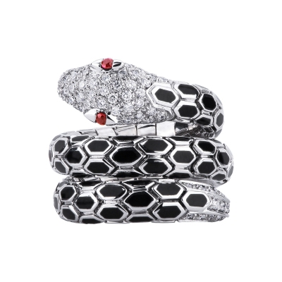 Snake ring in white gold 18k with diamonds and rubies 