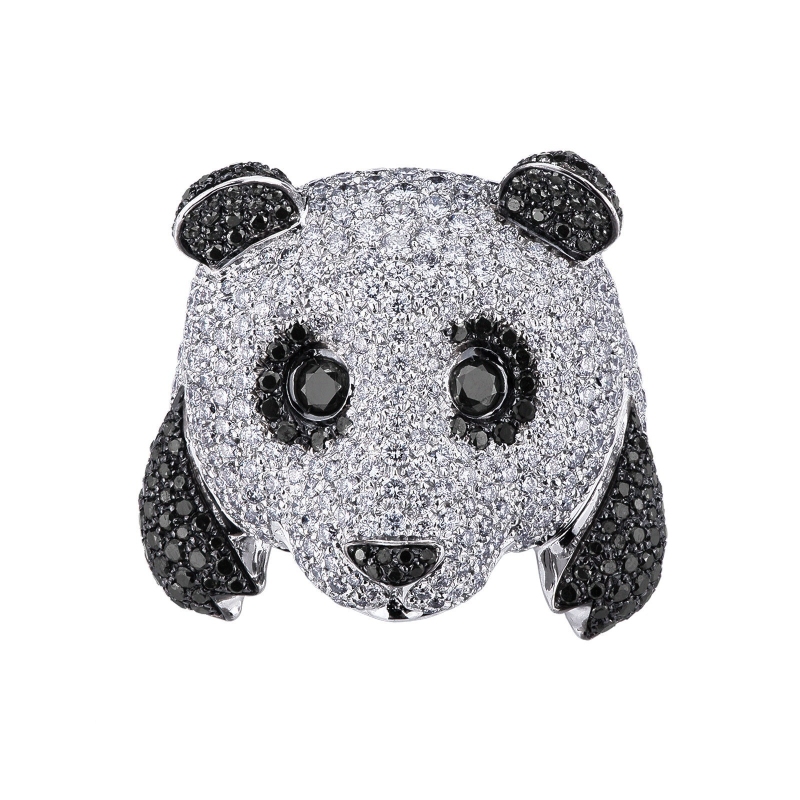 Panda ring in white gold 18k with black and white diamonds 
