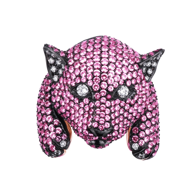 Rosé gold 18k panther ring with diamonds and pink sapphires 