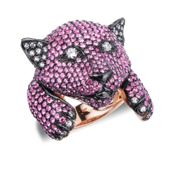Rosé gold 18k panther ring with diamonds and pink sapphires 