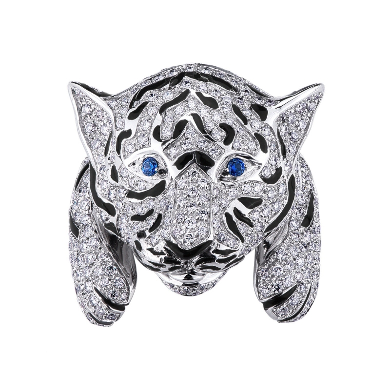 18k white gold tiger ring with diamonds and blue sapphires 