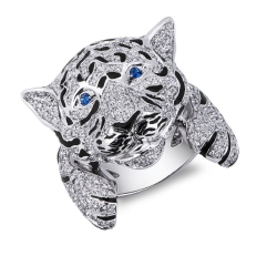 18k white gold tiger ring with diamonds and blue sapphires 